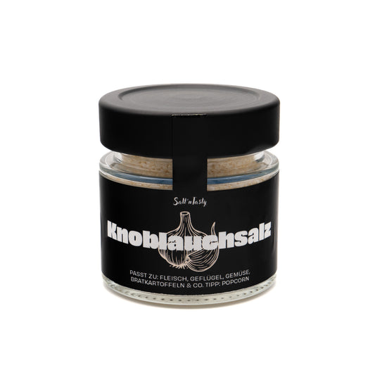 Knoblauchsalz im Glas von SaltnTasty – aromatisches Gewürzsalz mit Knoblauch
