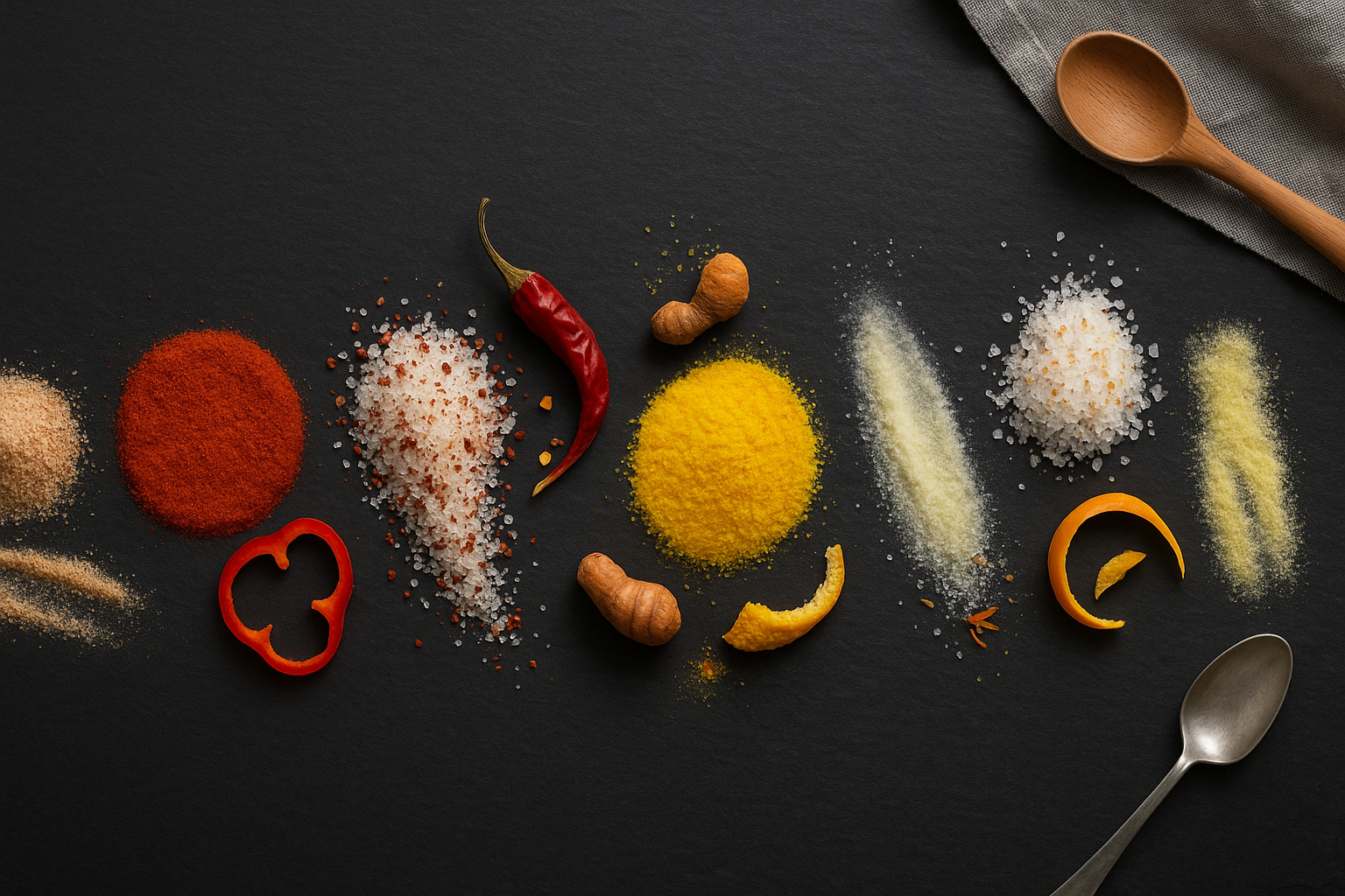 Schwarze Schieferplatte mit Gewürzen und unterschiedlichen Salzmischungen darauf